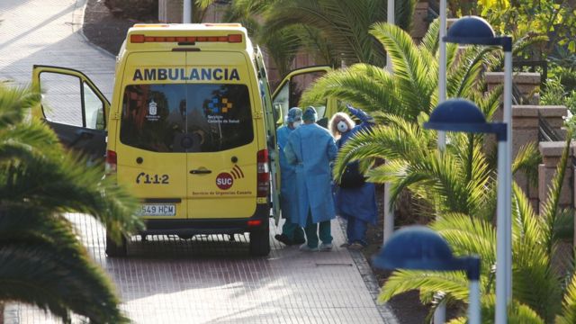 A tourist affected by "coronavirus" is transferred to a hospital from the hotel H10 Costa Adeje Palace, which is on lockdown after novel coronavirus has been confirmed in Adeje, on the Spanish island of Tenerife, Spain
