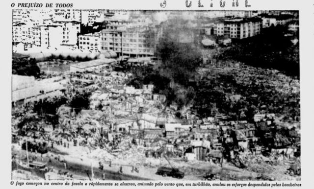 Reprodução da edição de 12 de maio de 1969 do Jornal do Brasil com imagem do incêndio na favela Praia do Pinto