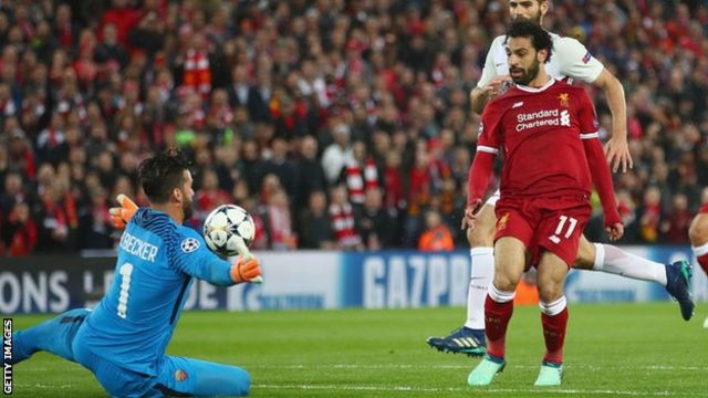 Liverpool's Mo Salah scores in the Champions League semi final against Roma