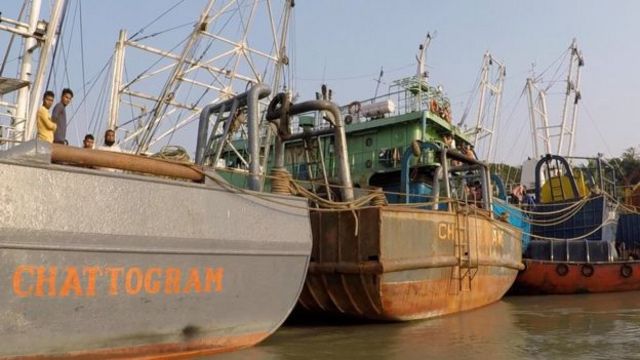 Industrial trawlers docked off the coast of Bangladesh