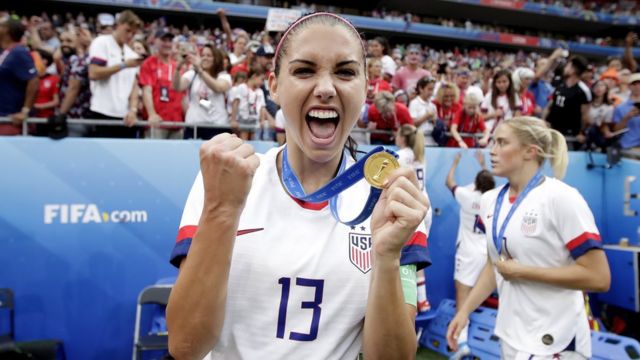 Alex Morgan of USA Women celebrates the championship with the medaille during the World Cup Women match between USA v Holland at the Stade de Lyon on July 7, 2019 in Lyon France