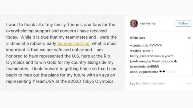 Post de Ryan Lochte explicando o suposto roubo no Instagram foi bombardeado por comentários chamando o atleta de mentiroso - há críticas tanto de brasileiros como americanos