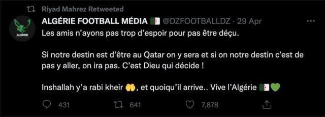 أعاد النجم الجزائري نشر تغريدة تتحدث عن احتمالية إعادة مباراة الجزائر والكاميرون في تصفيات كأس العالم