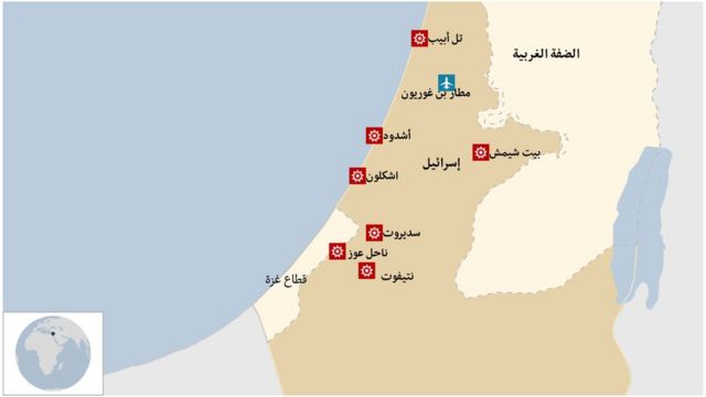 A map showing the cities targeted by the rockets launched from the Gaza Strip