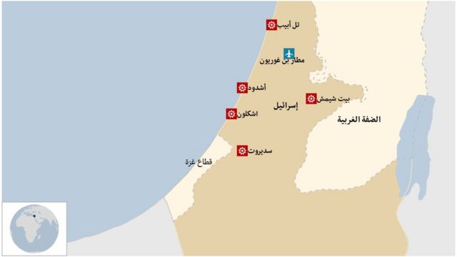 A map showing the cities targeted by the rockets launched from the Gaza Strip