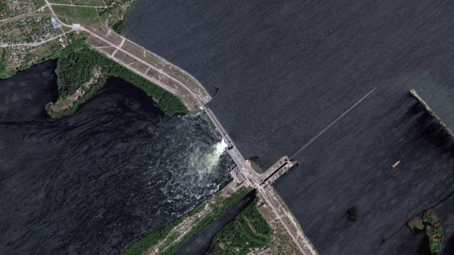 A satellite image shows Nova Kakhovka Dam in Kherson region, Ukraine June 5, 2023.