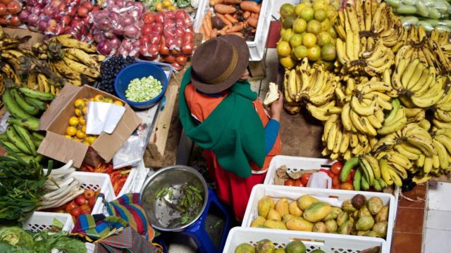 Pessoa rodeada de alimentos em mercado no Peru