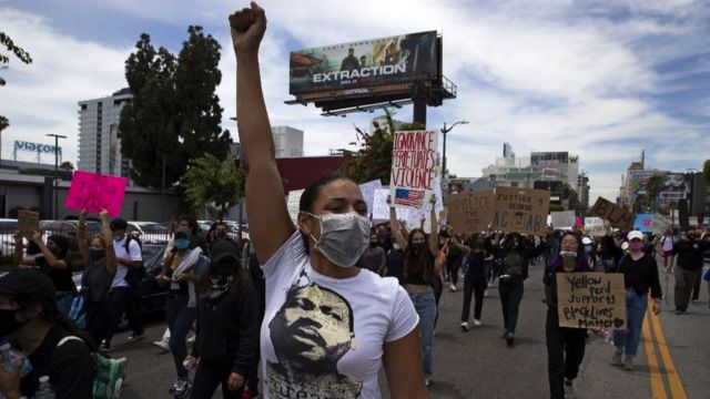 Thousands of demonstrators march in response to George Floyd"s death on June 2, 2020 in Los Angeles, California.