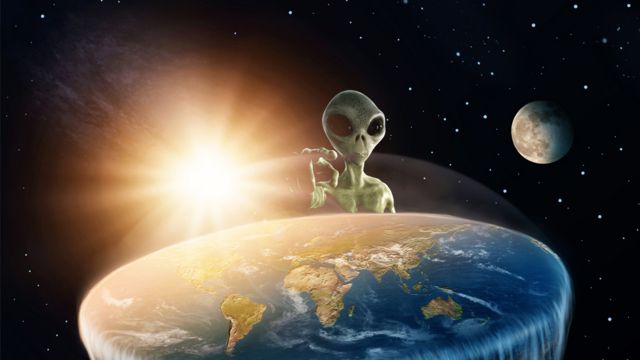 An artist's impression of a flat earth with an alien hovering above it
