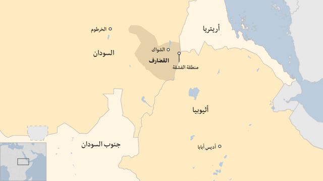 خريطة توضح موقع الصراع الحدودي في منطقة الفشقة بين السودان وإثيوبيا.
