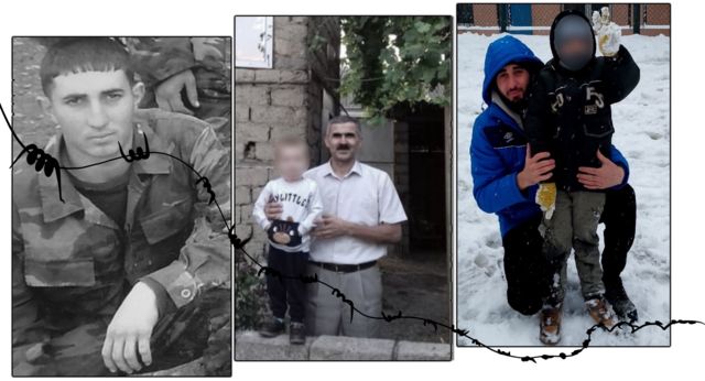 Три фото рядом. Первое - Эмиль сидит в военной форме. Второе - Гюлалыев с сыном эмиля. Третье - Эмиль со своим сыном