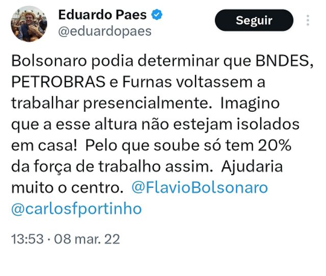 Captura de tela mostra tuíte de Eduardo Paes pedindo volta ao trabalho presencial ainda durante o governo Bolsonaro