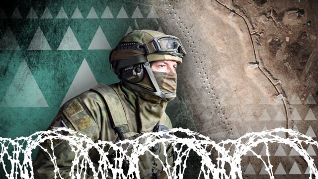 Montagem mostrando soldado russo atrás de cerca de arame farpado e outras fortificações