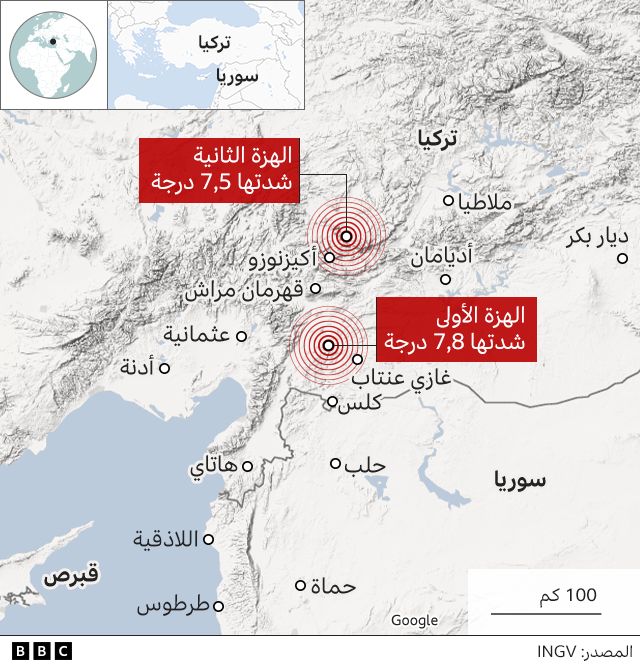 خريطة تبين مركزي الزلزالين اللذين ضربا تركيا وسوريا في فبراير/شباط 2023