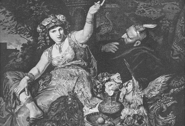 Sherazade cativando o rei com suas histórias em uma ilustração de 1892