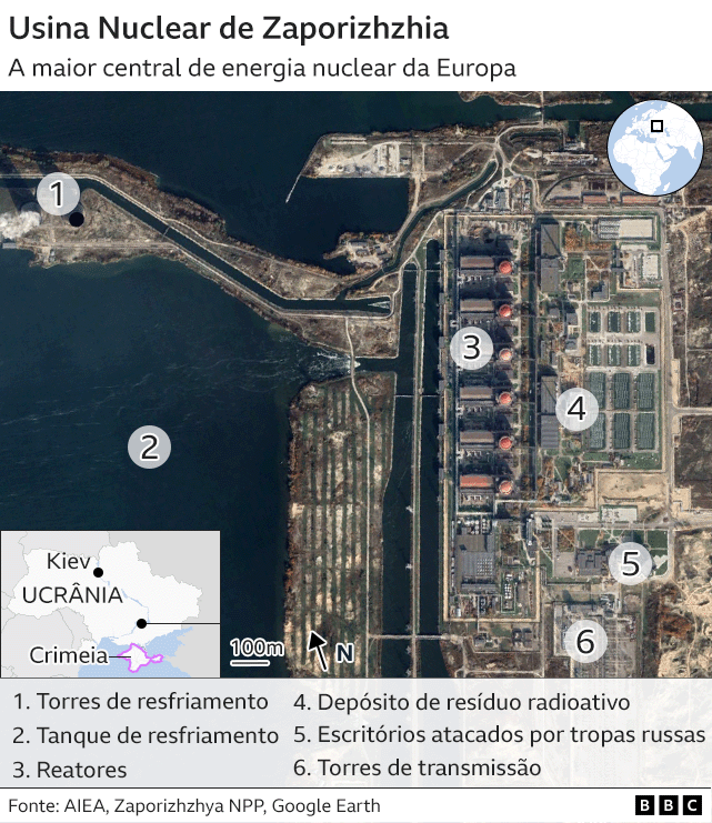 Infográfico mostra as instalações da usina nuclear de Zaporizhzhia