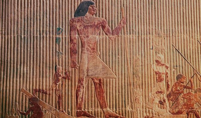 Bajorrelieve con Ti en su barco, Mastaba de Ti, Necrópolis de Saqqara, Egipto.
