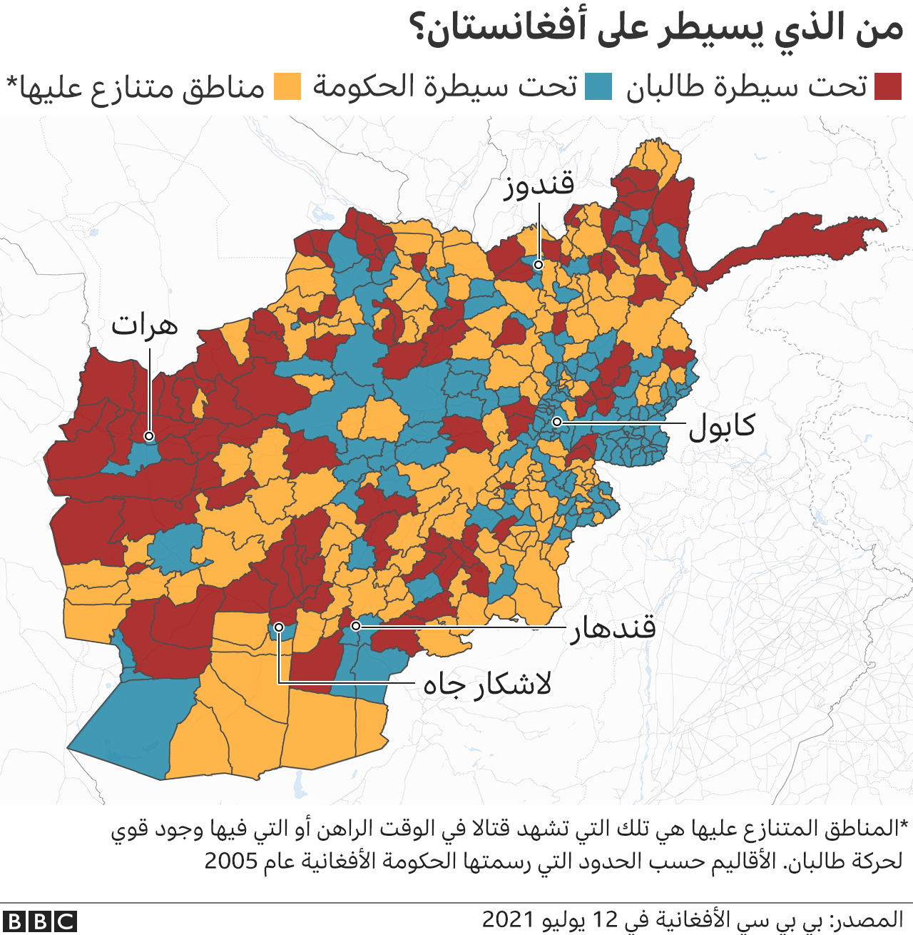 مناطق سيطرة طالبان والحكومة والمناطق المتنازع عليها