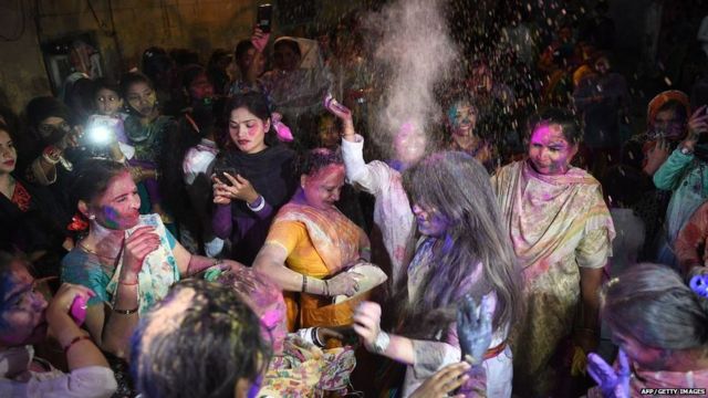 Pakistani Hindu celebrate the holi festival in Karachi on March 1, 2018.