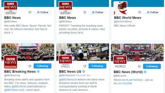Fake and genuine BBC News twitter accounts