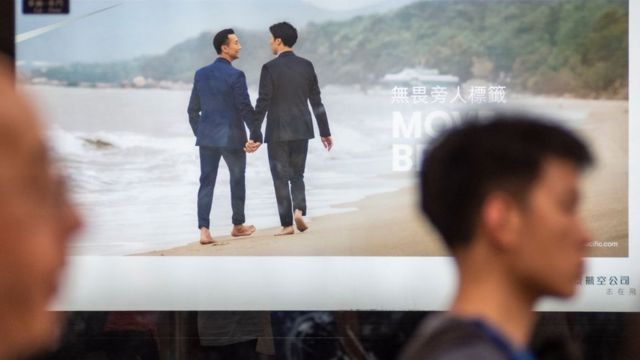 CENTRAL, HONG KONG - 2019/05/29: A same-sex advert from a Hong Kong airline company, Cathay Pacific latest promotional campaign seen in Central MTR Station.
