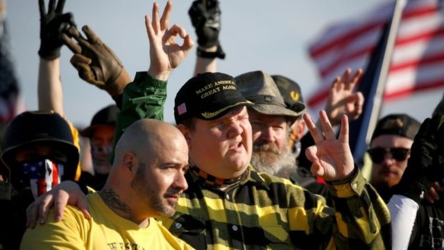 Far-right Proud Boys gather near the Washington Monument, 12 December, making racist gestures