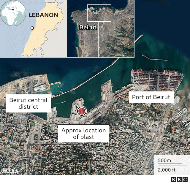 Map showing location of blast in Beirut