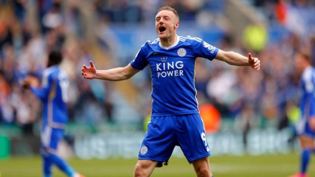 Jamie Vardy of Leicester City celebrates and goads the West Brom fans
