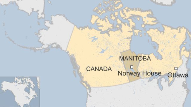 Map of Canada showing location of Norway House, in Manitoba province west of the capital, Ottawa