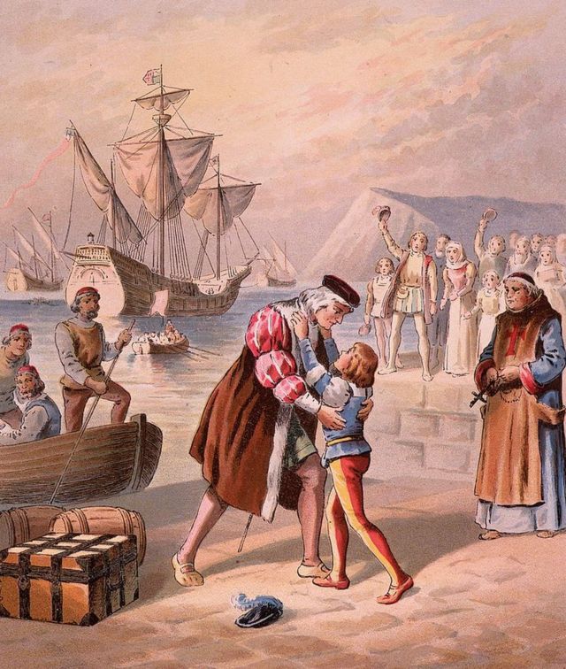 Ilustración de Cristóbal Colón con su hijo Diego.