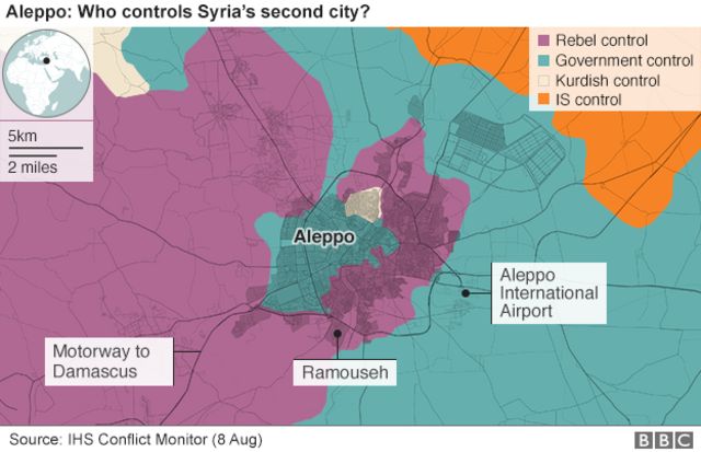 アレッポ周辺の勢力図（紫：反体制派、緑：政府軍、肌色：クルド人勢力、オレンジ：「イスラム国」