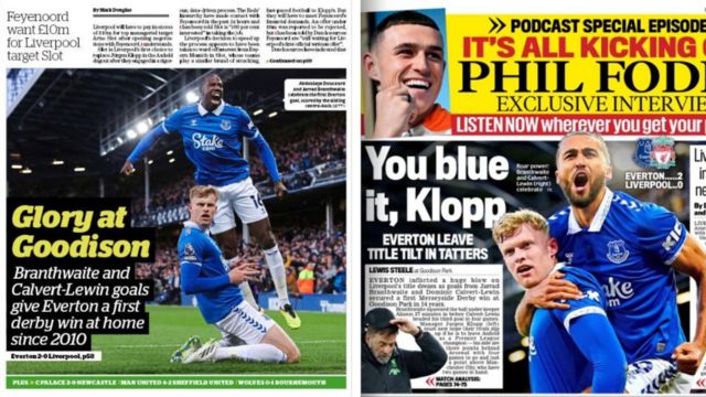 The i back page with a headline of 'Glory at Goodison' and the Daily Mail back page headline of 'You blue it, Klopp'