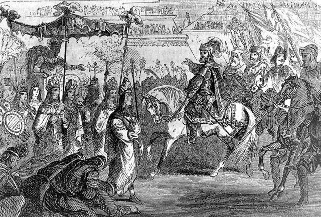 Una ilustración del encuentro entre Hernán Cortes y Moctezuma