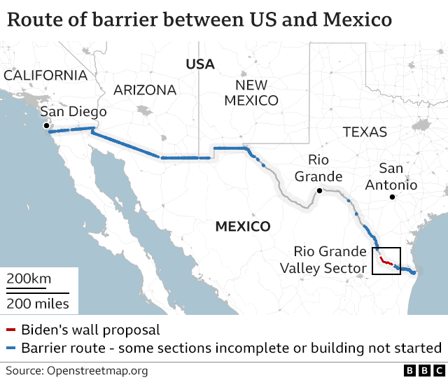 Mapa da rota do muro fronteiriço
