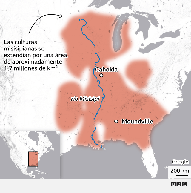 Mapa mostrando la extensión de las culturas misisipianas del mediooeste, el este y el sudeste de lo que sería actualmente EE.UU., llegando hasta la frontera con Canadá.