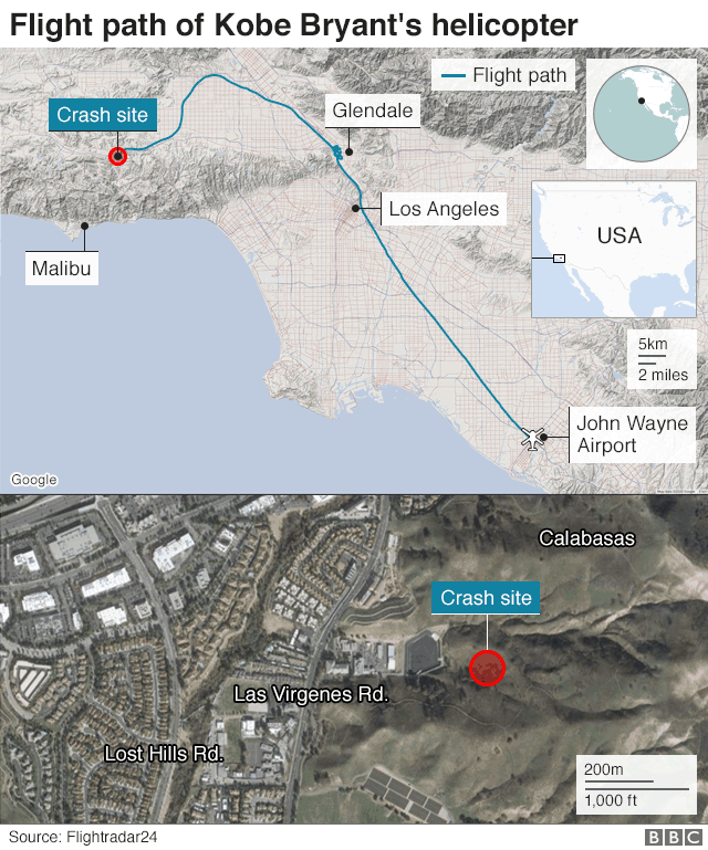 Map of Kobe Bryant's helicopter's flight path