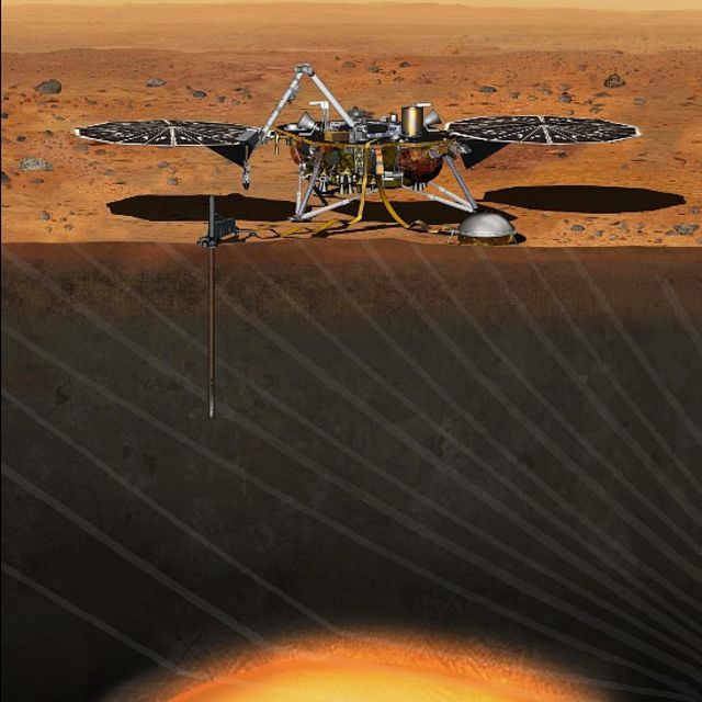 Illustration of the InSight robot studying the interior of Marte