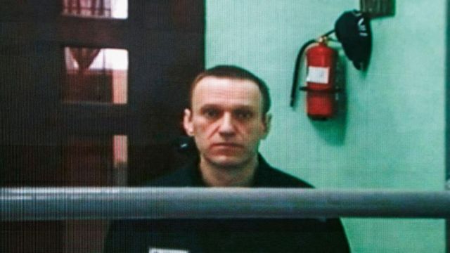 المعارض الروسي أليكسي نافالني على الشاشة من قاعة المحاكمة .