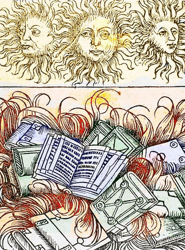 Libros quemándose en la Biblioteca de Alejandría (siglo I a.C.), Grabado, siglo XVI
