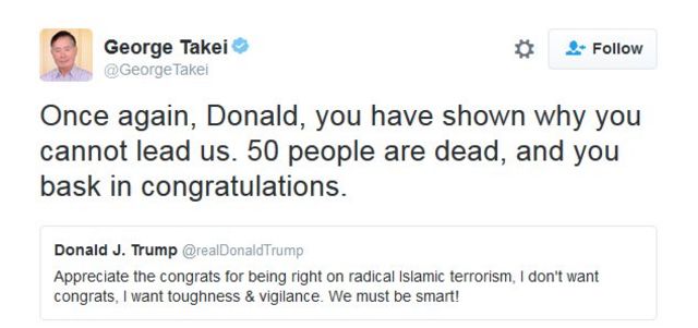 Tuíte de George Takei: "Mais uma vez, Donald, você nos mostrou por que não pode ser nosso líder. 50 pessoas morreram e você se preocupa com cumprimentos."