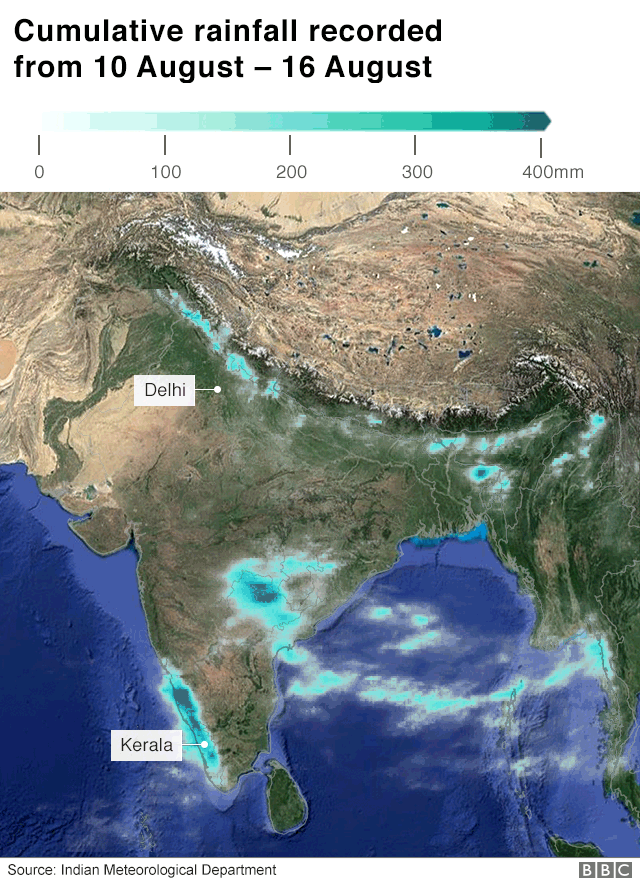 Карта, показывающая количество осадков в Индии 10 - 16 августа