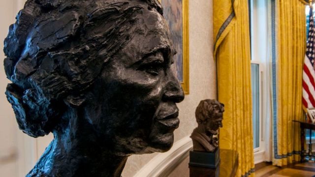 A bust of Rosa Parks, another of Abraham Let's be in President Biden's office