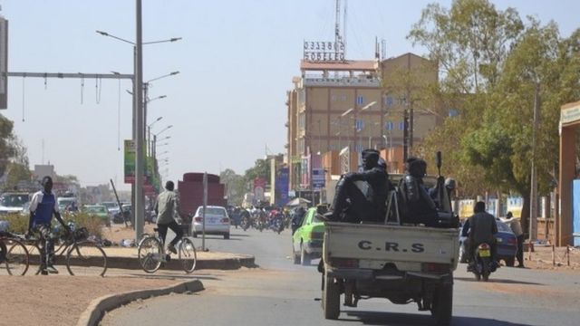 Police patrols quiet streets in Ouagadougou, Burkina Faso, 24 January 2022.