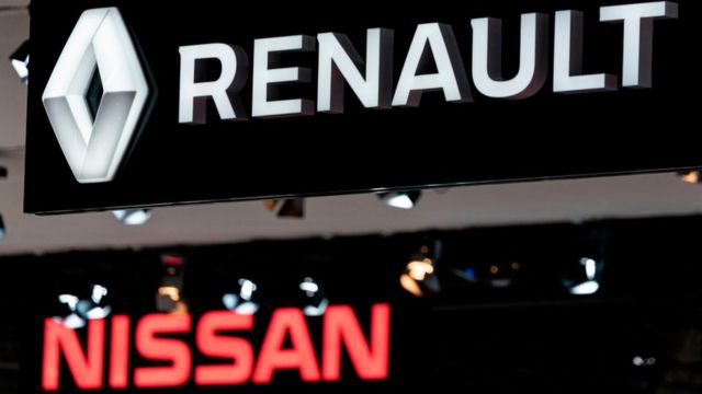 Renault and Nissan automobile logos are pictured during the Brussels Motor Show on January 9, 2020 in Brussels