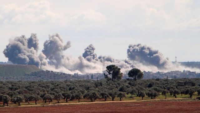 Image shows smoke near Idlib city in north-western Syria, following air strikes on 1 March