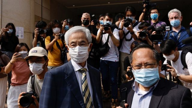 Democratic Party founder and barrister Martin Lee and Albert Ho arrive at the West Kowloon Courts for verdicts in landmark unlawful assembly case, in Hong Kong, China April 1, 2021. REUTERS/Tyrone Siu