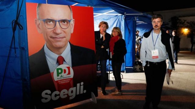People stand next to a poster of Enrico Letta, secretary of the centre-left Democratic Party (PD), at the PD headquarters, during the snap election, in Rome, Italy, September 25, 2022