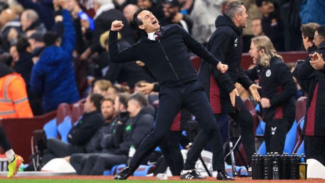 Unai Emery celebrates in Aston Villa's draw against Liverpool