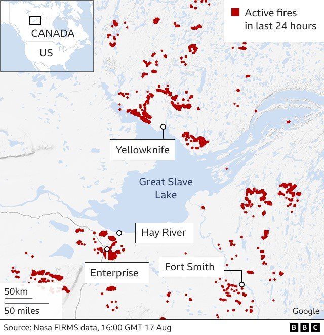A map showing the several wildfires near Yellowknife, Hay River and Fort Smith in the Northwest Territories