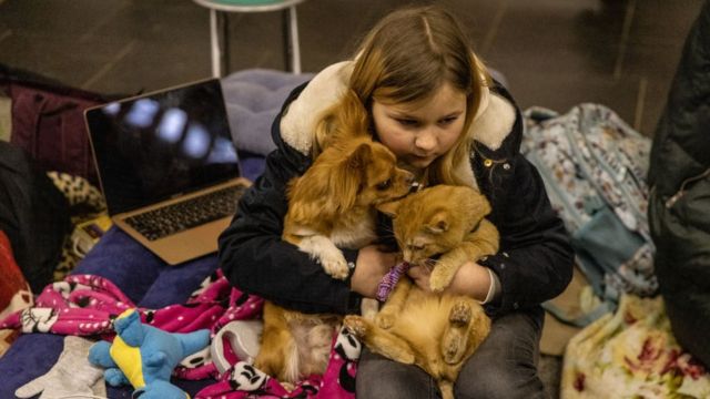 Una ragazza con i suoi animali domestici nella metropolitana di Kiev.